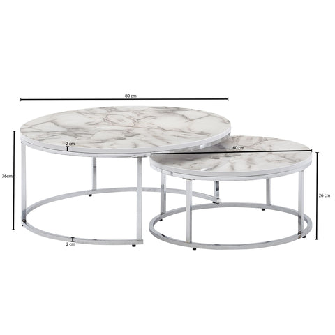 Rootz Couchtisch – Weiß-Silber-Marmoroptik – 2er-Set moderner runder Couchtisch – Metall-Beistelltisch – Design-Satztische 