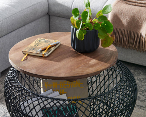 Runder Couchtisch von Rootz – Schwarz mit Stauraum – Modernes Design – Drahtkorb – Mangoholz und Metall – 60 x 60 x 45 cm 