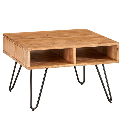 Eckiger Couchtisch von Rootz – Design aus massivem Akazienholz und Metall – Quadratischer brauner Holztisch mit Stauraum – 60 x 40 x 60 cm 