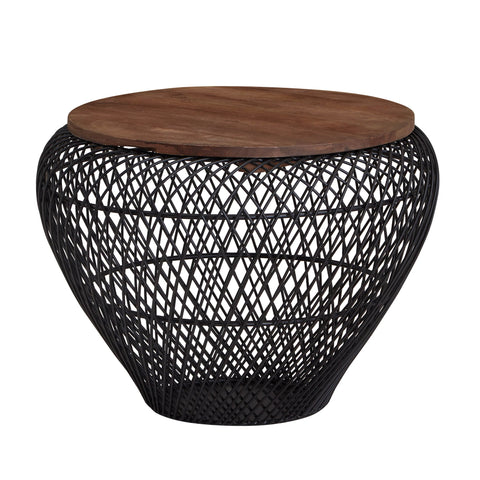Runder Couchtisch von Rootz – Schwarz mit Stauraum – Modernes Design – Drahtkorb – Mangoholz und Metall – 60 x 60 x 45 cm 