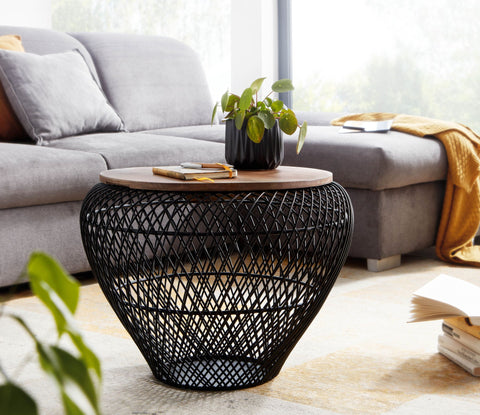 Runder Couchtisch von Rootz – Schwarz mit Stauraum – Modernes Design – Drahtkorb – Mangoholz und Metall – 60 x 60 x 45 cm 