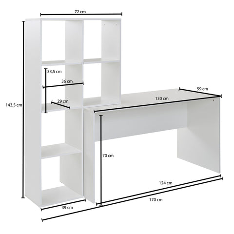Weißer Rootz-Schreibtisch mit Ablage – Moderner Bürotisch – Laptoptisch mit 6 Ablagen – Heimbüro-Computertisch mit Stauraum – 170 x 59 x 143,5 cm