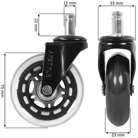 Rootz Office Chair Castors - Set of 5 Heavy-Duty - 1mm Pin - 75mm Diameter - Silent Premium Rollers for Smooth and Universal Use - Transparent Soft Floor Rolls