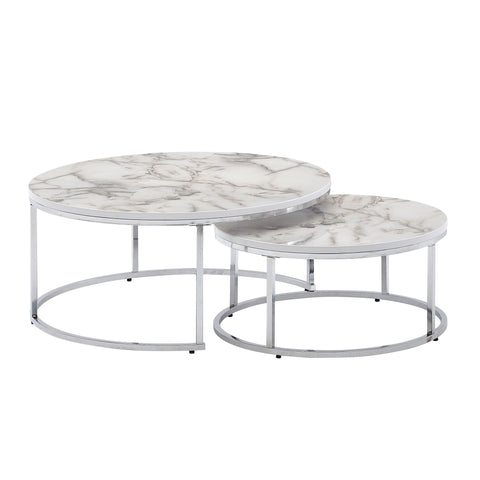 Rootz Couchtisch – Weiß-Silber-Marmoroptik – 2er-Set moderner runder Couchtisch – Metall-Beistelltisch – Design-Satztische 