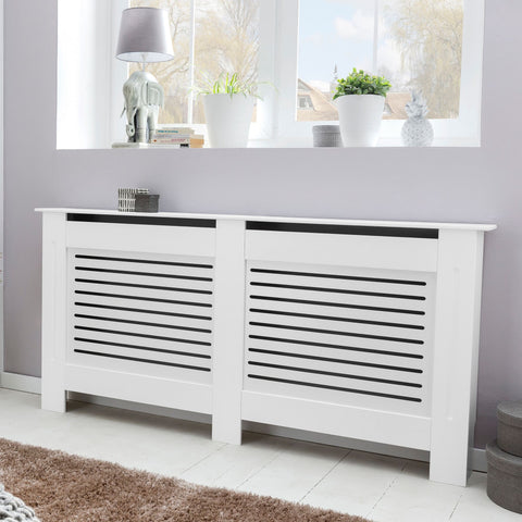 Rootz Radiator Cover - Matt Design Heater Panel - Wood Slats - Protection for Heating Radiator - White - 152x83x19cm