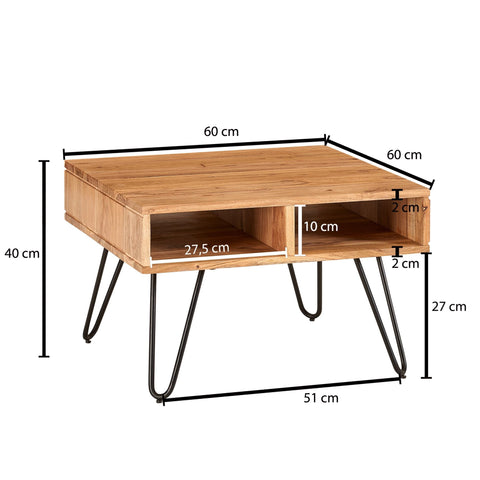 Eckiger Couchtisch von Rootz – Design aus massivem Akazienholz und Metall – Quadratischer brauner Holztisch mit Stauraum – 60 x 40 x 60 cm 
