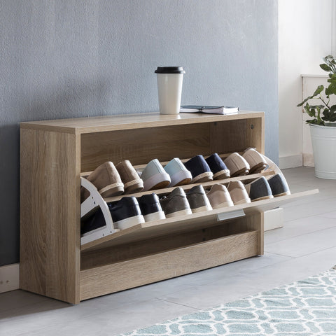 Rootz Shoe Rack Wood - Sonoma Oak - Small Closed Floor Bench - Narrow Hallway Bench with Storage - Single Bench Shoe Cabinet - 80 x 47 x 24 cm