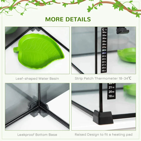 Rootz Terrarium - Terrarium for Reptiles - Reptile Feeding Box - Glass Terrarium - Amphibian Arachnids with Thermometer Reptile Breeding Box - Metal - Black - 50 x 30 x 35 cm