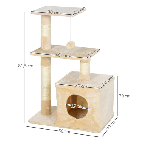 Rootz Scratching Post - Cat Tree Tower - Sisal Cat Tree - Sisal Scratching Posts - Beige - 50 x 30 x 80 cm