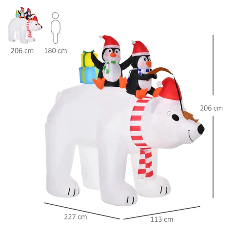 Rootz Christmas Penguins - Inflatable Penguins on Polar Bear - Christmas Decoration with Lights - Christmas Gardens Decoration - Weatherproof - Polyester - 227 x 113 x 206 cm