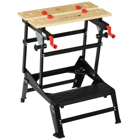Rootz Werkbank - Werktafel - Draagbare Werkbank - In Hoogte Verstelbaar - Metaal - Bamboe - Natuurlijk Hout + Zwart + Rood - 68 cm x 60 cm x 78 cm
