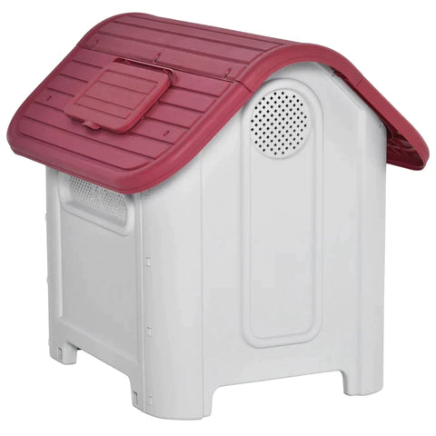 Rootz Dog House - Outdoor Dog House with Roof - Hatch Gate - Shelter for Small Dogs - Pen Air Circulation - Waterproof - Red/Light Grey - 59 x 75 x 66 cm