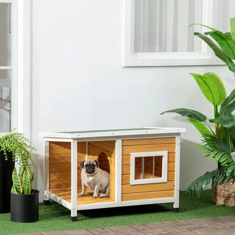 Rootz Dog House with Porch - Opening Roof - Window - Adjustable Feet - Natural Wood - Orange - 85.5 x 62 x 60 cm