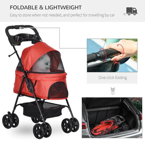 Rootz Pet Stroller - Foldable Cat Dog Pushchair - Pet Travel Carriage with 4 Wheels - Adjustable Canopy - Safety Leashes - Storage Basket and Cup Holder for Small Dogs - Red - 67 x 45 x 96 cm