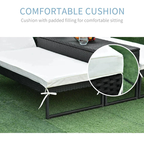 Rootz Lounge Chairs - Polyrattan Three Piece Set Sun Lounger - Garden Lounger - Tea Table - Metal - Polyester - Black/White - 195 x 60 x 86 cm
