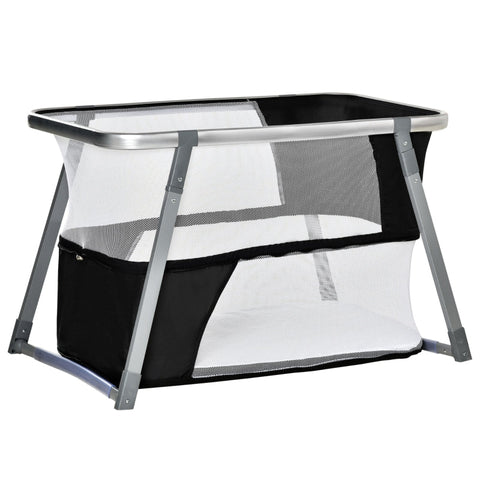Rootz Babybett – Reisebett – Babywiege – Laufstall – faltbar – mit Matratze – Aluminium/Stahl/Netz/Kunststoff – Schwarz + Weiß – 99,5 x 60,4 x 65 cm