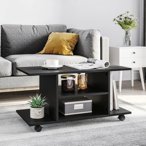Rootz TV Bench - TV Cabinet - 4 Shelves - Open Back Wall - 4 Castors - Wood - Black - 80 cm x 40 cm x 40 cm