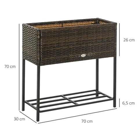 Rootz Raised Bed - Flower Box - Rattan Raised Bed With Shelf - Metal - Brown - 70 x 30 x 72 cm