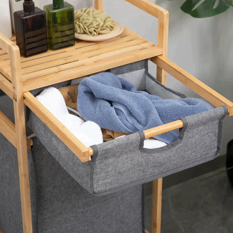 Rootz Laundry Basket - 1 Drawer - 1 Detachable Laundry Basket - 4 Wheels - Bamboo - Natural + Grey - 42cm x 35cm x 84.5cm