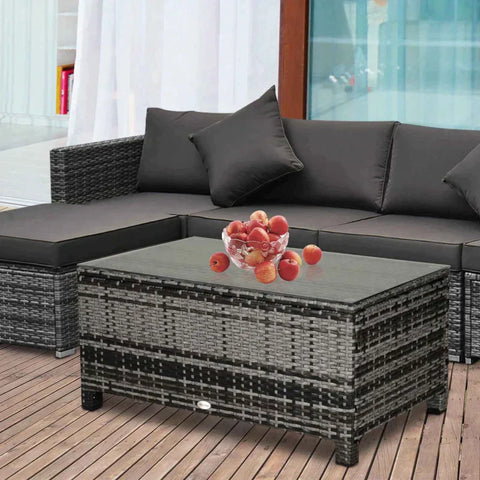 Rootz Garden Side Table - PE Rattan Garden Coffee Table -  With Glass Table Top - Grey - 85cm x 50cm x 39cm