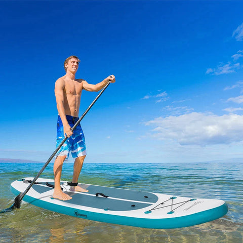 Rootz Surfboard - Inflatable Surfboard - Stand Up Board With Paddle - Surfboard With Adjustable Paddle - Kayak Seat - Foldable - EVA - Non-slip - White + Blue - 320L x 76W x 15H cm