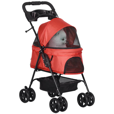 Rootz Pet Stroller - Foldable Cat Dog Pushchair - Pet Travel Carriage with 4 Wheels - Adjustable Canopy - Safety Leashes - Storage Basket and Cup Holder for Small Dogs - Red - 67 x 45 x 96 cm