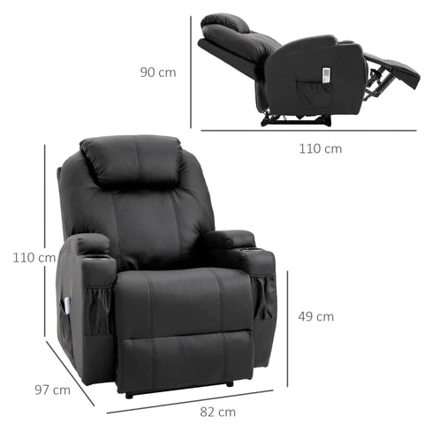 Rootz Massagesessel – Elektrischer Entspannungssessel – Fernsehsessel – Massagefunktion – Liegefunktion – Kunstleder – Holz – Metall – Schaumstoff – Schwarz – 82 x 97 x 110 cm