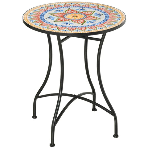 Rootz Gartentisch – Mosaiktisch – Runder Bistrotisch – Beistelltisch mit Mosaikplatte aus Keramik – Metall – Rot + Blau + Weiß – Ø60 cm