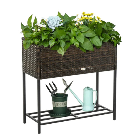 Rootz Raised Bed - Flower Box - Rattan Raised Bed With Shelf - Metal - Brown - 70 x 30 x 72 cm