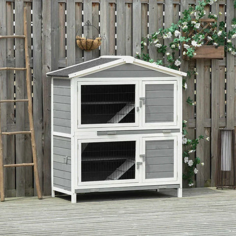 Rootz Small Animal Hutch - Konijnenhok - Kooi voor kleine dieren met helling - 2 Tier Design - Dennenhout - Lichtgrijs + Wit + Zwart - 119 x 61 x 133,5 cm