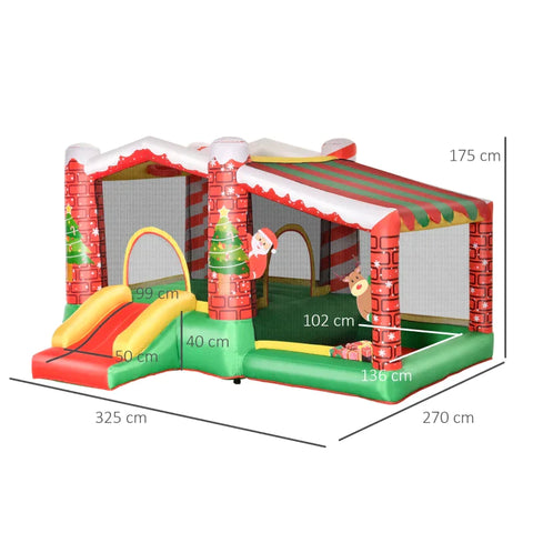 Rootz Weihnachten aufblasbare Hüpfburg – Trampolin, kleine Rutsche, Bällebad für 3 Kinder – Hüpfburg mit Gebläse für 3–8 Jahre Kindergarten – Oxford-Stoff – Polyester – Rot + Grün – 325 x 270 x 175 cm