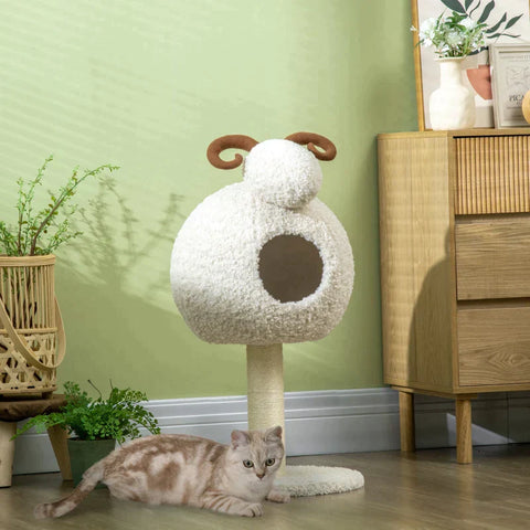 Rootz Scratching Post - With Cat House - Cat Tree - Sheep Design Including Cat Cave - Washable Cushion - Cream White/Brown