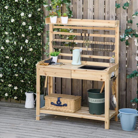 Rootz Planting Table - Gardening Table with Wash Basin - Wooden Flower Table with Drawer - Hook - Basket - Shelf - Garden - Terrace - Natural - 107.5 x 46 x 142 cm
