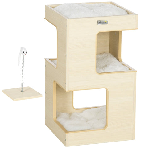 Rootz Katzenhaus – Katzenhöhle – Katzentonne – Katzenhöhle mit 2 Etagen – inklusive Spielzeug – Natur/Hellgrau – 34 cm x 34 cm x 60 cm
