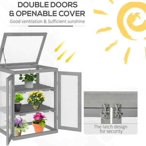 Rootz Greenhouse - Transparante Greenhouse - 3-laags Wood Greenhouse - Tuin Polycarbonaat Cold Frame - Grow House - Opslagplank - Voor Planten Bloemen - Donkergrijs - 58L x 44B x 78H cm