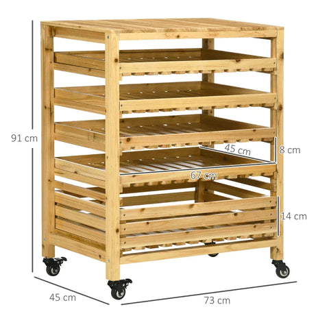 Rootz Vegetable Rack with 5 Shelves - Fruit Crate - Vegetable Crate - Weather Resistant - 4 Wheels - Natural - 73 cm x 45 cm x 91 cm