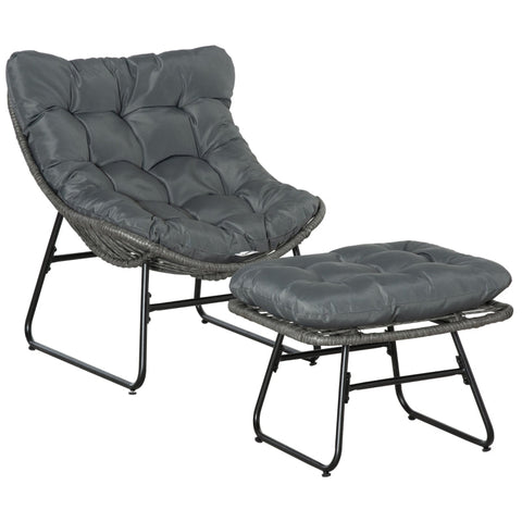 Rootz Rattan Relax Chair with Footstool - Garden Chair - Outdoor Rattan Chair with Cushion - Steel - Polyester - Grey - 69 x 76 x 70 cm