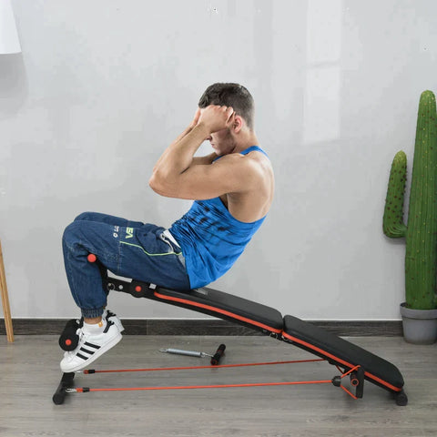 Rootz Sit Up Bench - Abdominal Trainer - Training Bench - Training Ropes - Adjustable & Foldable - Black/Red - 137 x 51 x 50-66 cm