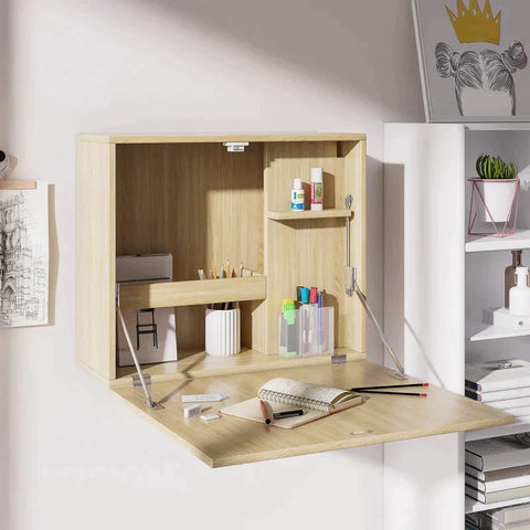 Rootz Wandtafel - Opklapbare Wandtafel Met Planken - Spaanplaat - MDF - Naturel - 60 cm x 21,5 cm x 50 cm
