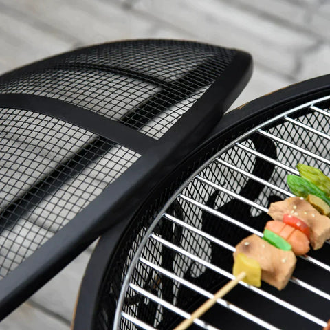 Rootz 2-in-1-Feuerstelle – Feuerstelle mit Funkenschutz – Feuerstelle mit Grillkochen – Grillrost – Garten – BBQ – Schwarz – Ø61,5 x 52 H cm