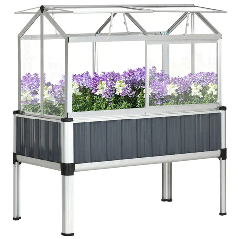 Rootz Raised Bed - Raised Planters with Greenhouse - Weather Resistant - Hinged Lid - Cover and Openable Windows - Gray + Silver - 114cm x 60cm x 129cm