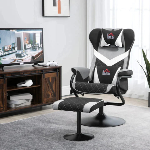 Rootz Relax Chair – Entspannungsstuhl – Gaming-Stuhl – mit Hocker – neigbare Rückenlehne – drehbarer Sitz – Polyester/Schaum/Metall – Schwarz/Grau – 67 x 78,5 x 102,5 cm