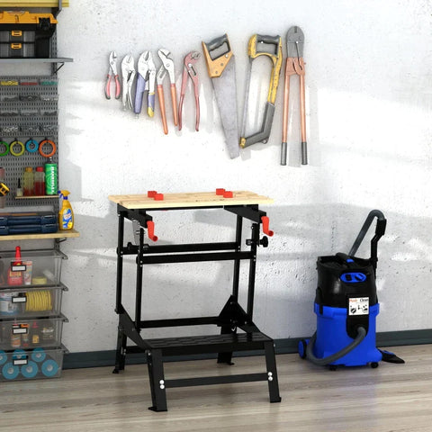 Rootz Werkbank - Werktafel - Draagbare Werkbank - In Hoogte Verstelbaar - Metaal - Bamboe - Natuurlijk Hout + Zwart + Rood - 68 cm x 60 cm x 78 cm
