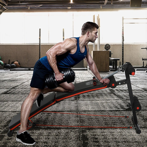 Rootz Sit Up Bench - Abdominal Trainer - Training Bench - Training Ropes - Adjustable & Foldable - Black/Red - 137 x 51 x 50-66 cm