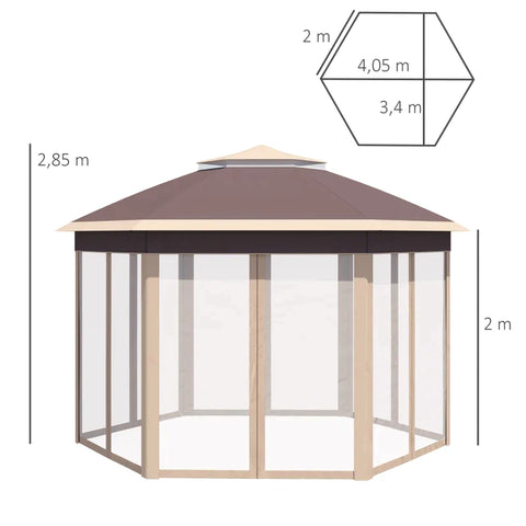 Rootz Gazebo - Garden Gazebo - Folding Gazebo - Pop-up Tent - Party Tent - 6 Side Panels -  Double Roof - Hexagonal - Beige + Khaki - 405L x 405W x 285H cm