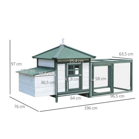 Rootz Bantam Chicken House - Bantam Chicken House with Run Hutch - Perches Nesting Box - Quail Hutch - Outdoor Winterized - Pinewood - White + Green - 196 x 76 x 97 cm