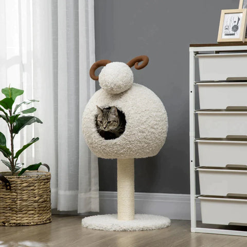 Rootz Scratching Post - With Cat House - Cat Tree - Sheep Design Including Cat Cave - Washable Cushion - Cream White/Brown