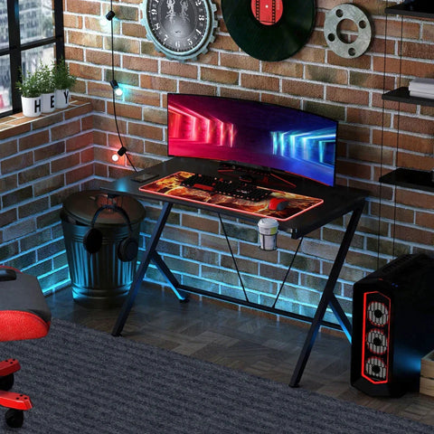 Rootz Gaming Desk - Computer Table - Metal Frame with Cup Holder - Headphone Hook - Cable Hole - Black - 108 cm x 66 cm x 77 cm