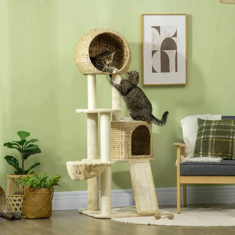 Rootz Scratching Post - Cat Tree - With Cat House - Multiple Platforms - Hammock - Scratch Mat - Anti-tips - Beige - 60 x 60 x 150cm