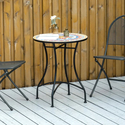 Rootz Gartentisch – Mosaiktisch – Runder Bistrotisch – Beistelltisch mit Mosaikplatte aus Keramik – Metall – Rot + Blau + Weiß – Ø60 cm